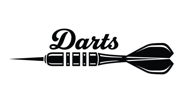 A stylized dart with the word darts written in a cursive font above it. Vector