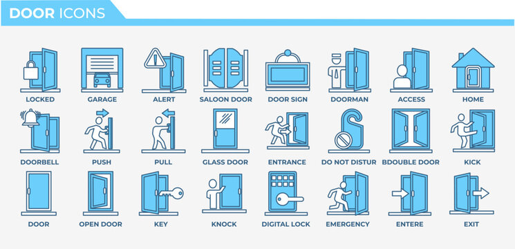 Door icon set. Containing enter, exit, doorbell, knock, open door, home, closed door, pull and push symbol. Solid icons vector collection.