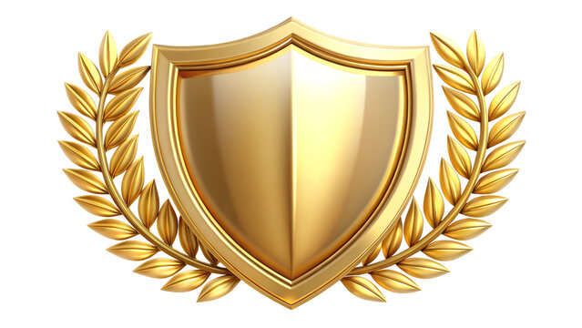A gold shield with a laurel wreath on a black background
