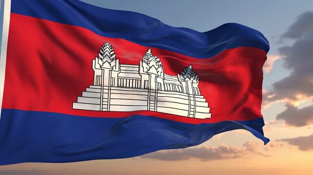 Cambodia National Flag waving in wind at sunset 4K Video