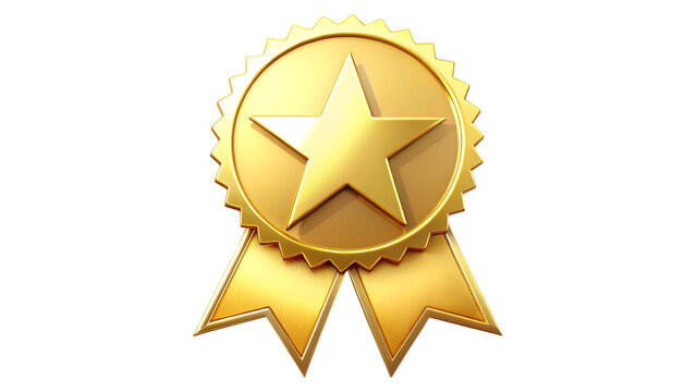 A shiny gold star award ribbon on a black background