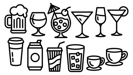 Fototapeta premium Diverse assortment of outlined beverage containers for both alcoholic and non-alcoholic drinks