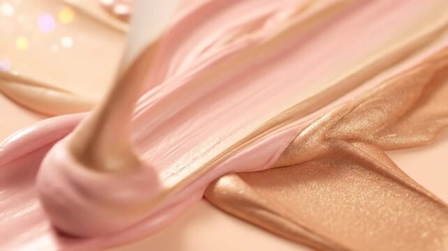 Luxurious liquid makeup swatches: pearlescent pink, peach, and gold metallic textures in motion, close up.