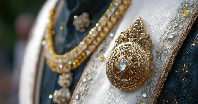 Intricate gold brooch with clear gemstone on ornate white and blue fabric with sparkling jewels