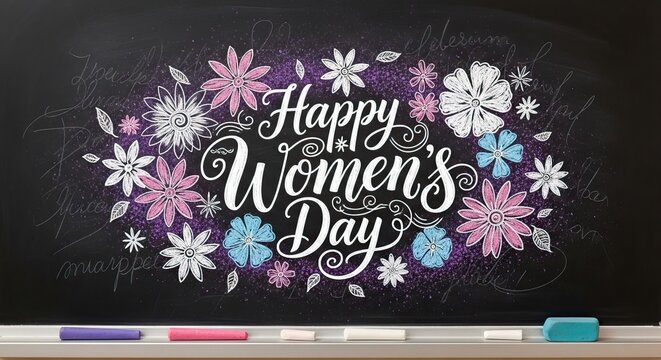 Chalkboard with Happy Women's Day message and colorful flowers international women's day background download 2026 2027