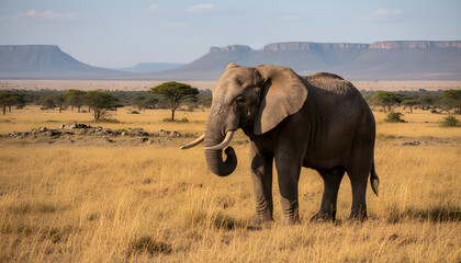 Obraz premium Majestic elephant stands tall in the African savanna under a clear blue sky with distant mountains