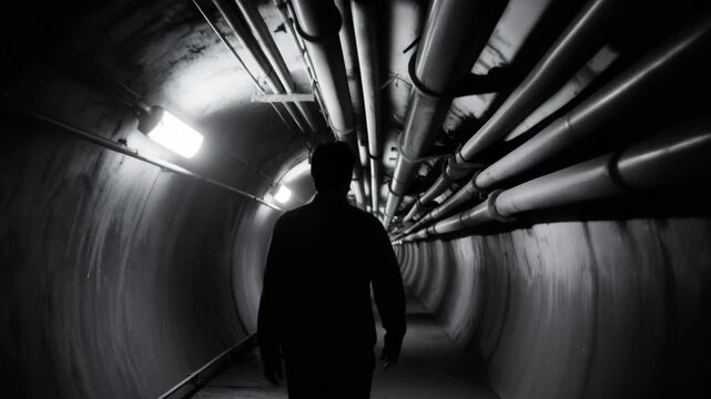 Man walking through an underground facility tunnel. Mysterious industrial space with pipes and dim lights, hinting at a secret laboratory or shelter.