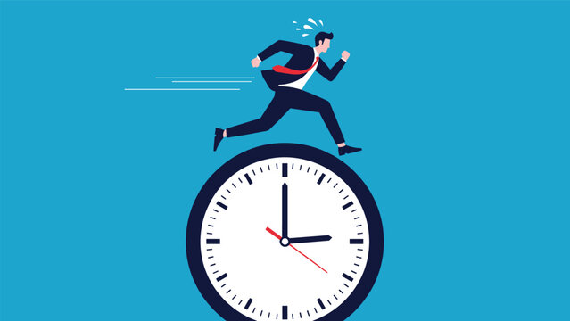 Stressed businessman running fast on top of a giant ticking clock symbolizes time management, deadlines and work pressure concepts.