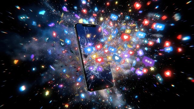 Social media icons exploding from smartphone.
