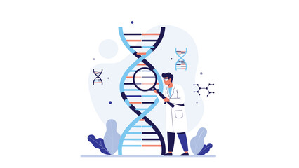 Scientist in a laboratory uses a magnifying glass to examine a dna strand to represent genetic research and biotechnology.