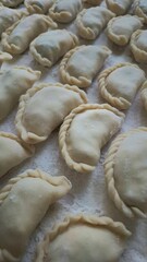 ​Close-up of raw homemade dumplings with beautiful braided edges on a floured wooden board.
