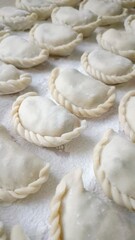 ​Close-up of raw homemade dumplings with beautiful braided edges on a floured wooden board.