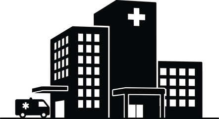 Obraz premium Medical center illustration with hospital building and ambulance at entrance viewed from outside