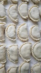 ​Close-up of raw homemade dumplings with beautiful braided edges on a floured wooden board.