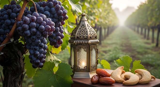 Ripe dark grapes hang heavily from the vine beside an ornate bronze lantern and crescent shaped cookies with dates set against a misty vineyard row background signaling harvest time.