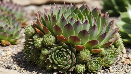 Obraz premium Lush hens-and-chicks sempervivum cluster spreading across sandy soil, main rosette framed by many offsets in spiraling layers of green leaves with burgundy tips, thriving in bright sun as a resilient 