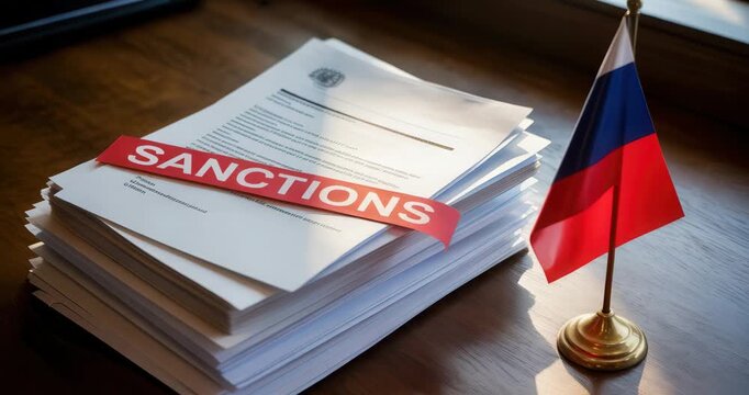 Stack of documents with sanctions label and Russian flag on wooden table