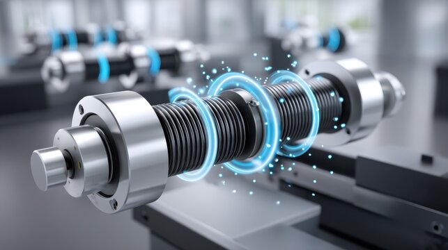 Close-up 3D render of a metallic ball screw and bearing assembly with glowing blue digital effects, illustrating precision mechanical components in industrial automation.