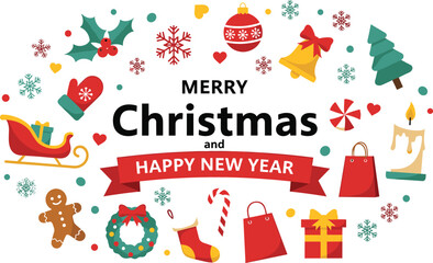 Obraz premium Merry Christmas and Happy New Year greeting banner with festive icons sleigh gingerbread man wreath and holiday gifts