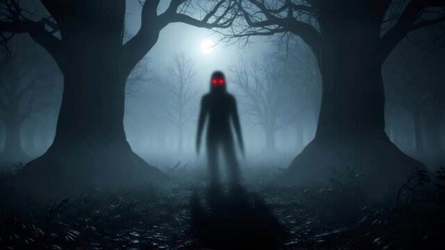 Ghostly spirit with glowing red eyes haunting a dark and misty forest at night under a full moon, supernatural and paranormal scene.