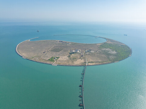 Aerial panoramic view of Nanhai Pearl Artificial Island, Haikou, Hainan