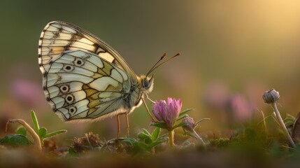 Butterfly perched on a flower with detailed wing patterns and soft lighting