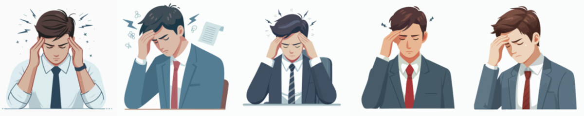 Cartoon Illustration Set of Stressed Businessman Having a Headache or Migraine