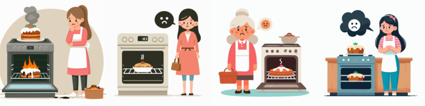 Cartoon Illustration of Disappointed Woman Baking with Oven Problem and Burnt Cake