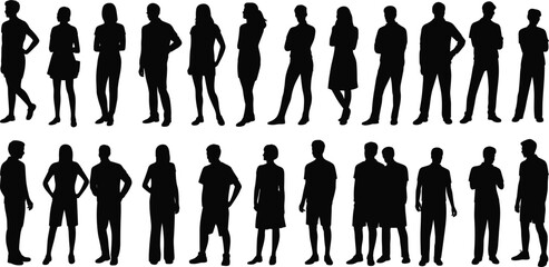 People silhouettes standing casual poses collection, men women body language human figures isolated on white background illustration © Noman Art