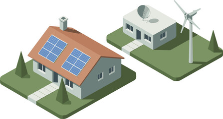 Renewable energy eco houses with solar panels and wind turbine sustainable green residential power technology modern illustration concept