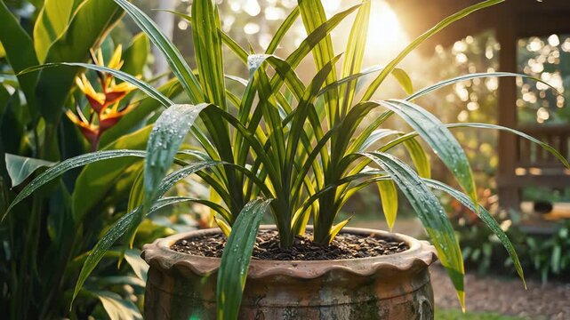Living Pandanus amaryllifolius,  plant in a garden pot with long fragrant leaves gently swaying, soft morning sunlight
