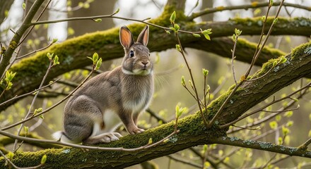 Obraz premium A rabbit sitting on a mossy tree branch in a forest