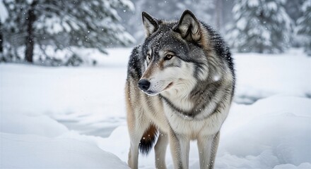 Obraz premium A wolf stands in a snowy forest with trees in the background