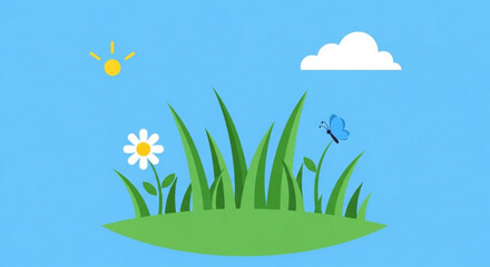 Obraz premium Cartoon landscape with grass flowers sun and cloud on blue background symbolizing spring and nature