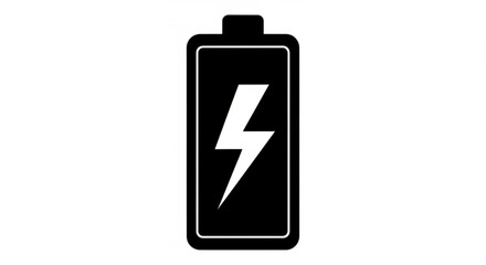 Obraz premium Black battery icon with white lightning bolt on a plain background from a straightforward viewpoint