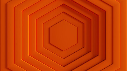 Abstract 3D rendering orange hexagonal background with layered geometric pattern. Concentric tile effect.