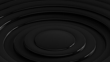Elegant black 3D rendering concentric circle background. Sleek dark rippled texture for luxury branding or minimalist tech wallpaper. Abstract wave pattern