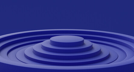 Multi-level podium platform for product presentation. Staircase of concentric cylinders. Abstract blue geometric background.