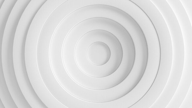 Abstract white background with 3D rendering circular rings, top view. Minimal white 3D concentric circle geometric pattern.