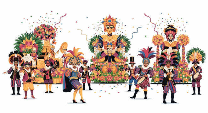 Vibrant carnival parade float with colorful costumes, flowers, and decorations, featuring people in festive attire, against a white background with a joyful and celebratory mood.