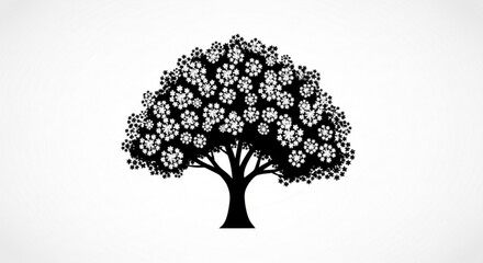 Fototapeta premium Black Silhouette Tree with White Flowers Isolated on White Background