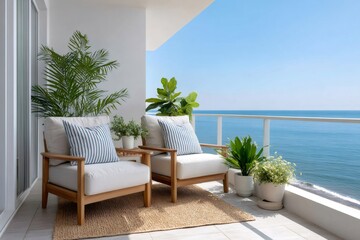Naklejka premium Balcony with ocean view, comfortable outdoor living chairs