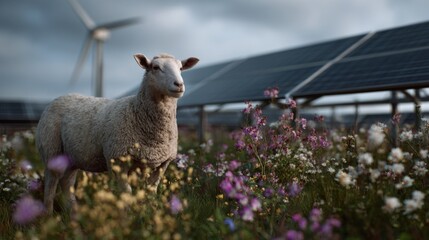Naklejka premium Sustainable Farming: Sheep Grazing near Solar Panels and Wind Turbine