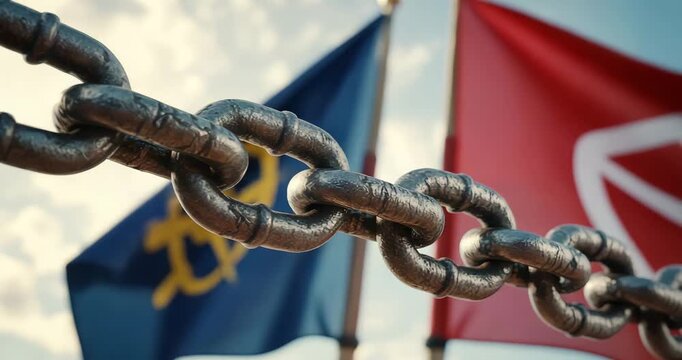 Close-up of rusty chain with blurred flags waving in background