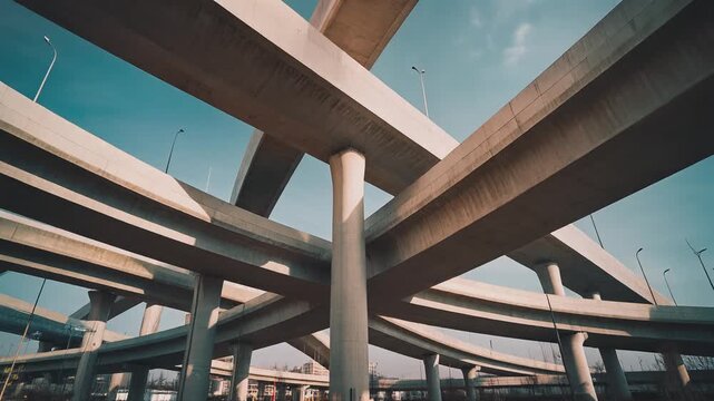 City flyover with architectural lines