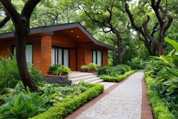 Fototapeta premium Modern wooden lodge nestled in lush green garden