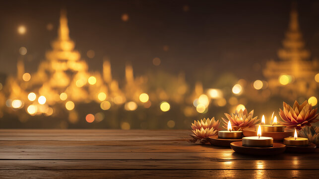 Posala Festival, Oil Lamps and Lotus Flowers on Wooden Table with Golden Temple Lights for Poson Festival