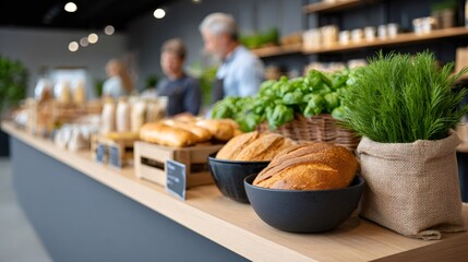 Fresh artisan bread displaying in a modern bakery shop