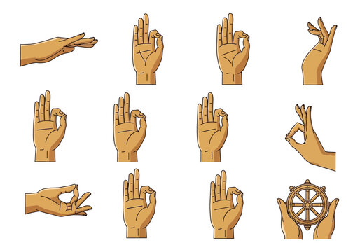 Twelve illustrations of hands in various positions mostly forming mudras and one pair holding a wheel