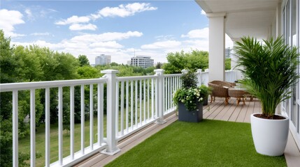 Obraz premium Apartment balcony with green artificial grass and city view
